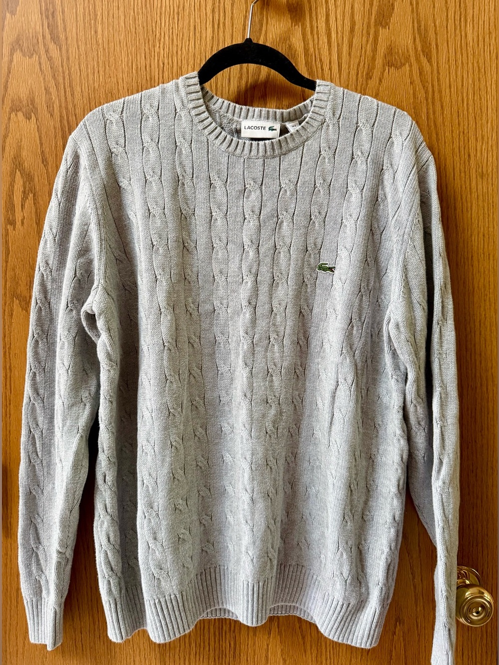 Lacoste Men's Cable-Knit Crewneck Sweater - Light Gray with Green Logo